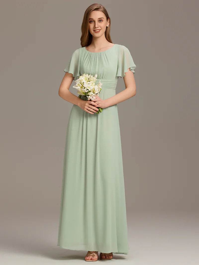 Pleated Bridesmaid Dress – Round Neck Elegant Gown for Weddings - Biamonde