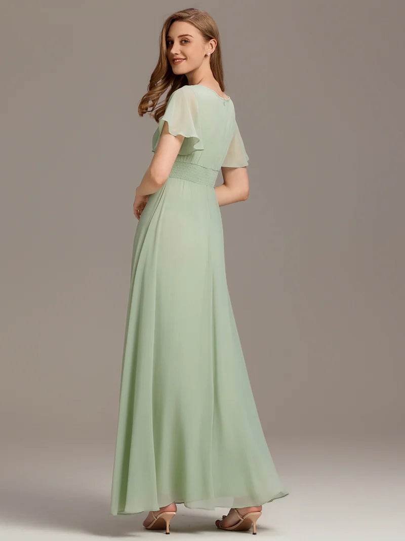 Pleated Bridesmaid Dress – Round Neck Elegant Gown for Weddings - Biamonde