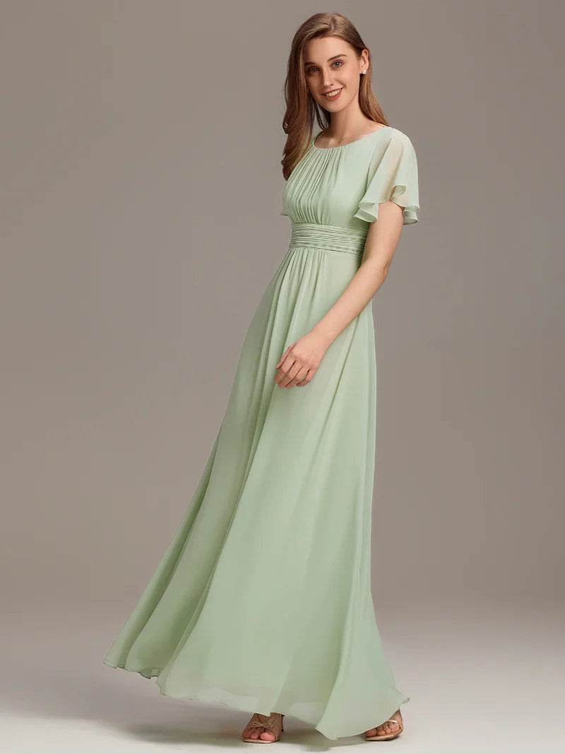 Pleated Bridesmaid Dress – Round Neck Elegant Gown for Weddings - Biamonde
