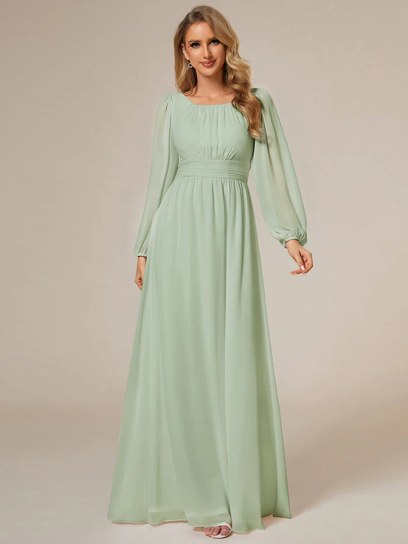 Mint green bridesmaid dress with round neckline and long lantern sleeves