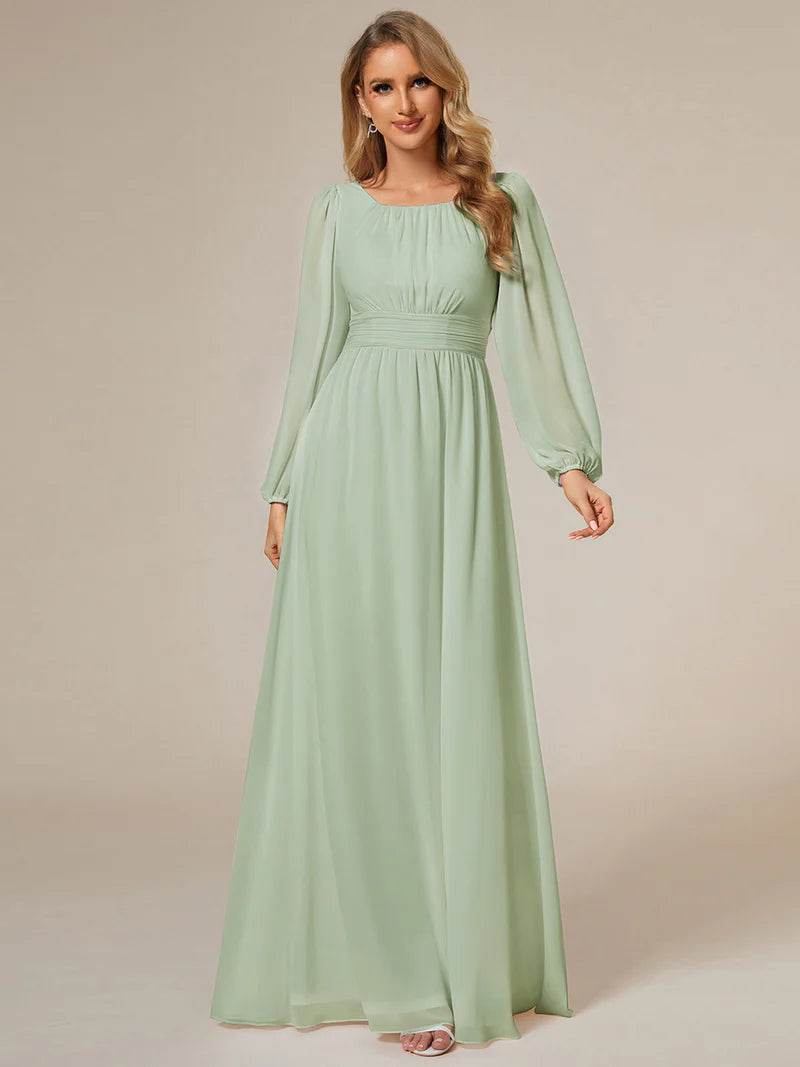 Round Neck Bridesmaid Dress – Long Lantern Sleeves, Elegant Fit - Biamonde