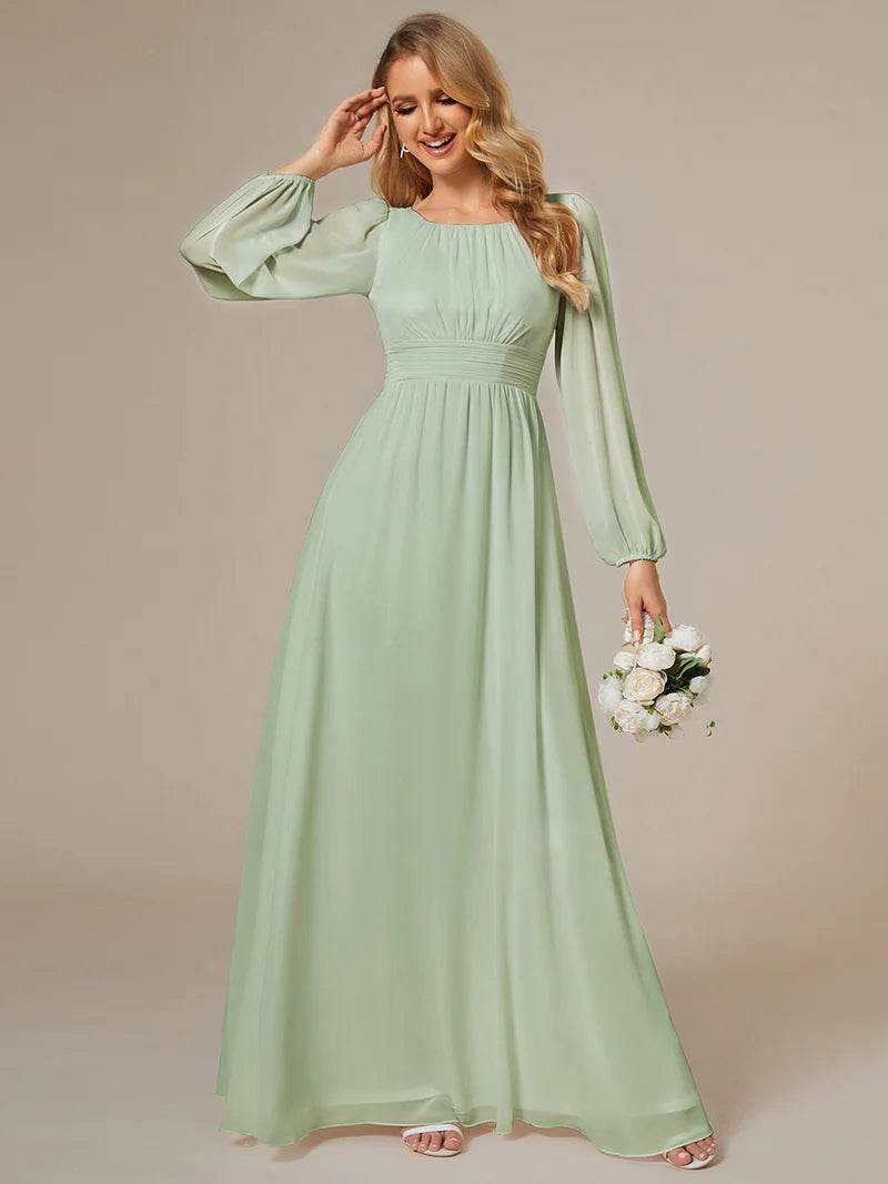 Round Neck Bridesmaid Dress – Long Lantern Sleeves, Elegant Fit - Biamonde