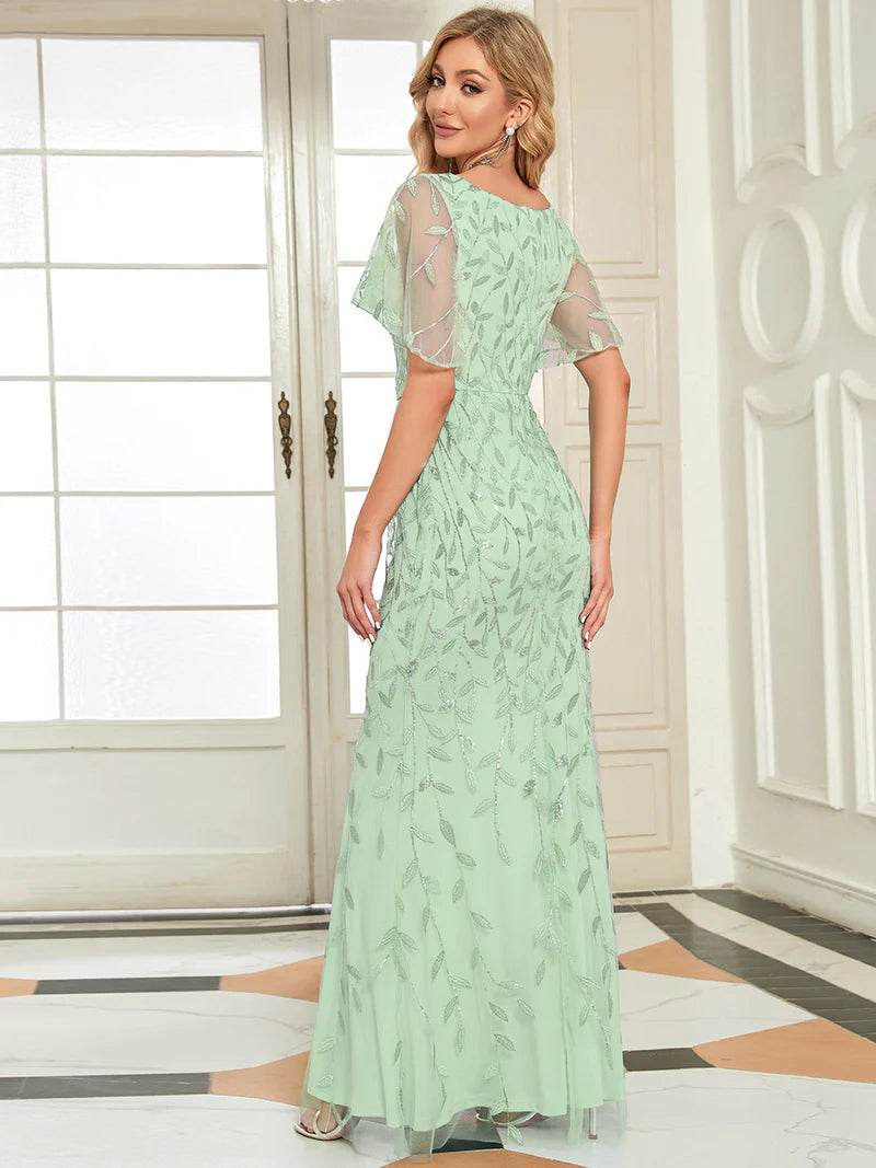Gorgeous V-Neck Fishtail Party Dress with Leaf Sequin Embellishment - Biamonde
