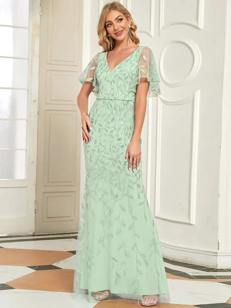 Mint green V-neck fishtail party dress with elegant leaf-shaped sequin embellishments