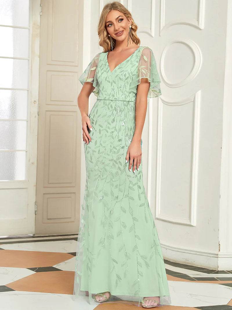 Gorgeous V-Neck Fishtail Party Dress with Leaf Sequin Embellishment - Biamonde