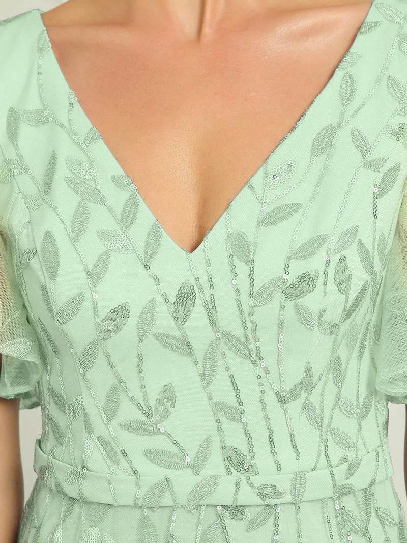 Gorgeous V-Neck Fishtail Party Dress with Leaf Sequin Embellishment - Biamonde