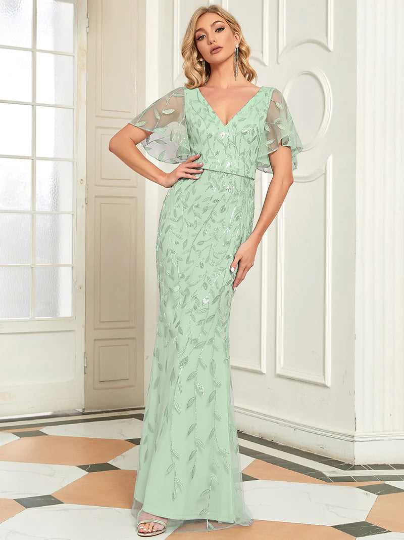 Gorgeous V-Neck Fishtail Party Dress with Leaf Sequin Embellishment