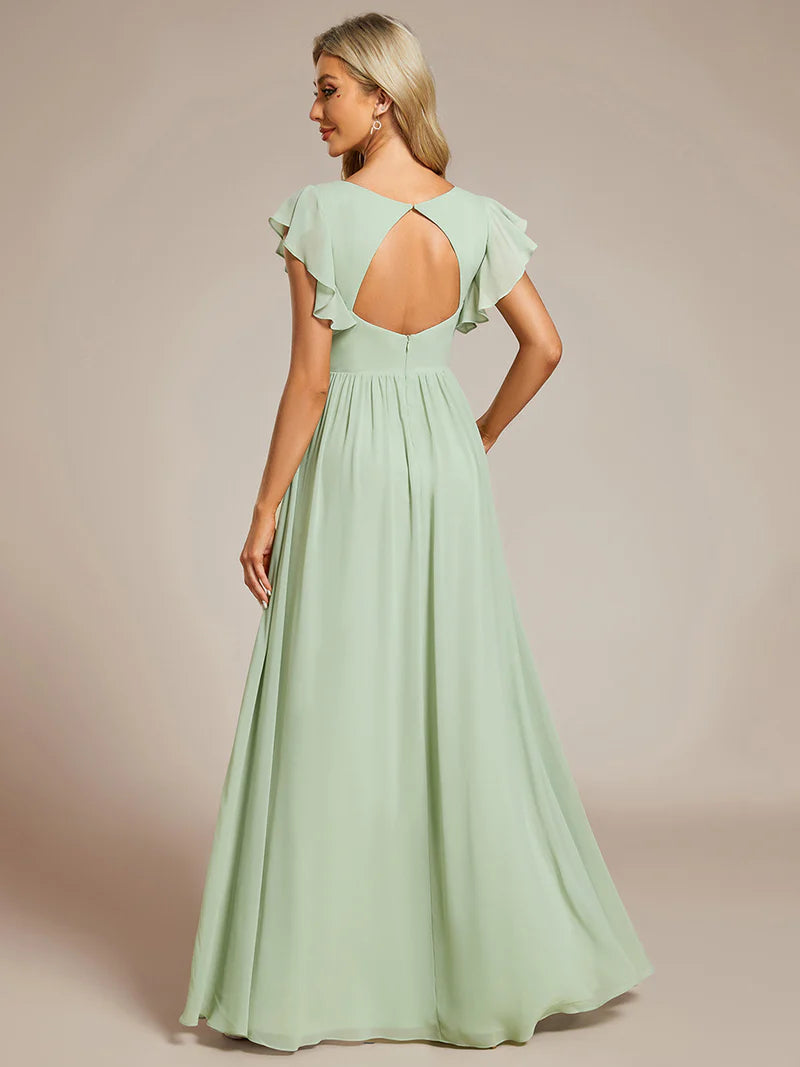 Mint Green Elegant V-neck bridesmaid dress with pleats, ruffle details, and a waist belt