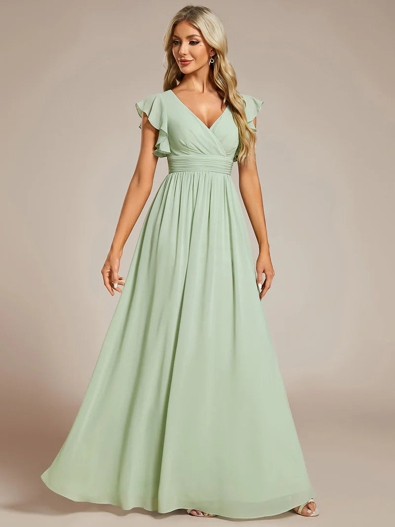 Mint Green Elegant V-neck bridesmaid dress with pleats, ruffle details, and a waist belt