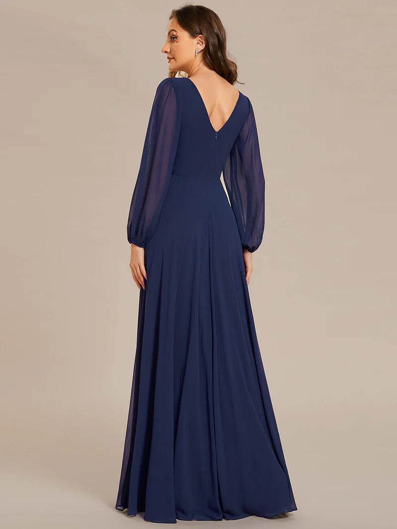 Elegant Chiffon Guest Dress with V-Neck, Long Sleeves & Fitted Waist - Biamonde