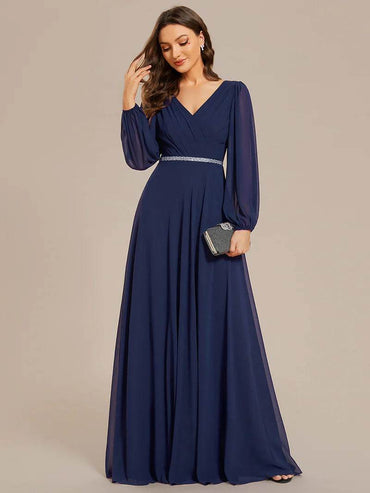 Elegant Chiffon Guest Dress with V-Neck, Long Sleeves & Fitted Waist - Biamonde
