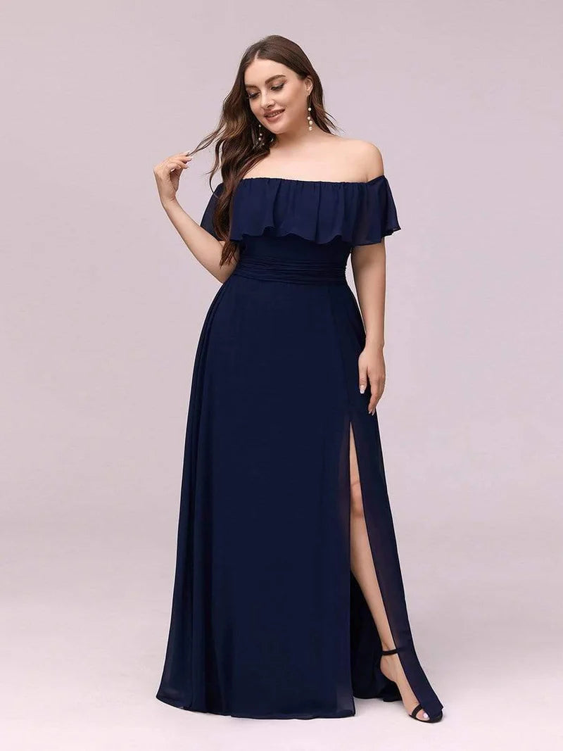 Navy Blue Off-the-shoulder bridesmaid dress with ruffles and a thigh-high slit