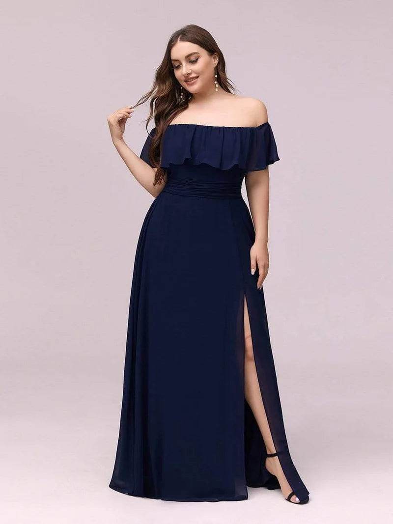 Off-the-Shoulder Bridesmaid Dress – Ruffled with Thigh Split - Biamonde