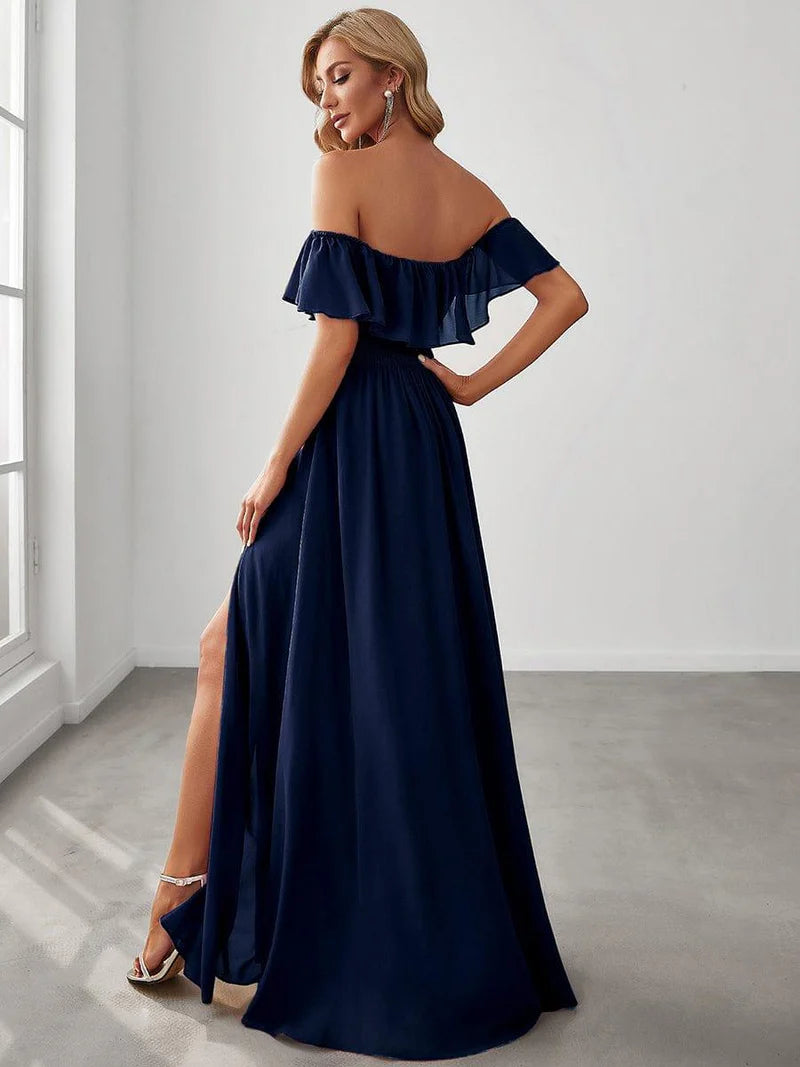 Navy Blue Off-the-shoulder bridesmaid dress with ruffles and a thigh-high slit