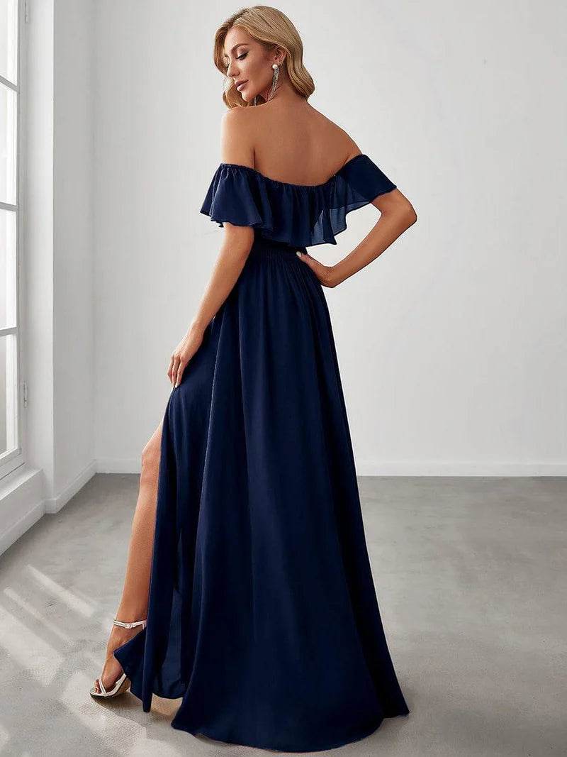 Off-the-Shoulder Bridesmaid Dress – Ruffled with Thigh Split - Biamonde