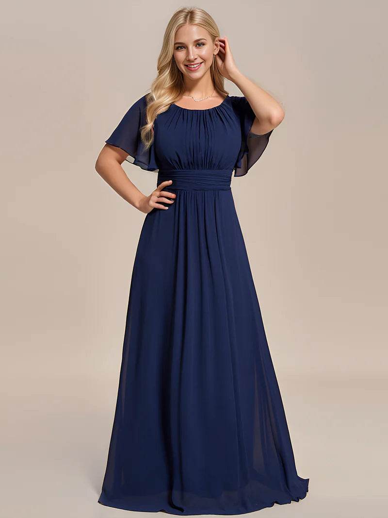 Pleated Bridesmaid Dress – Round Neck Elegant Gown for Weddings - Biamonde