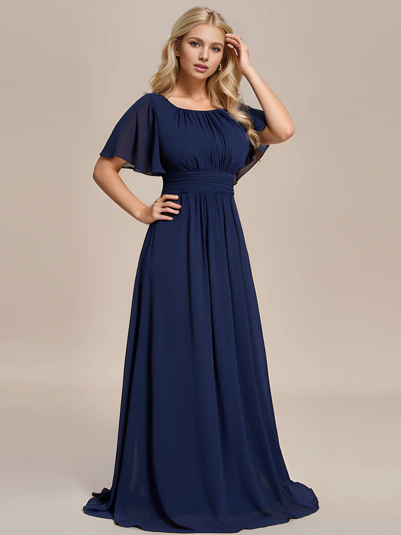Round neck navy blue bridesmaid gown in a pleated design for elegant wedding looks