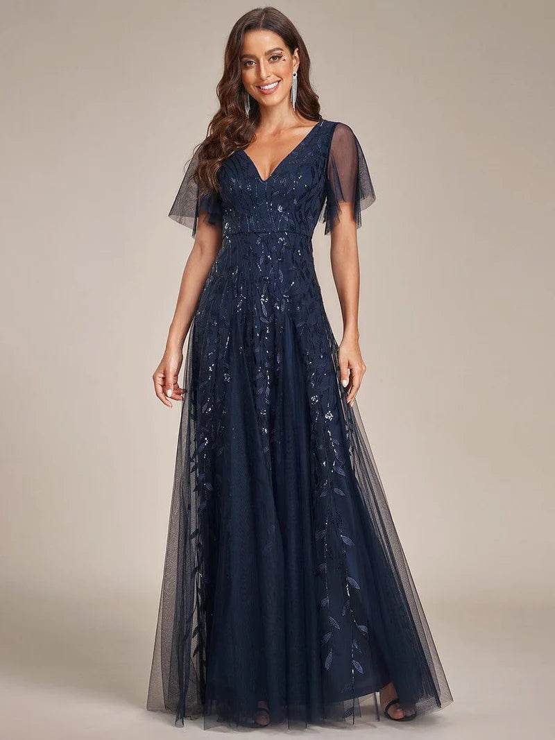 Romantic Shimmery V-Neck Evening Gown with Ruffle Sleeves – Maxi Long Dress - Biamonde