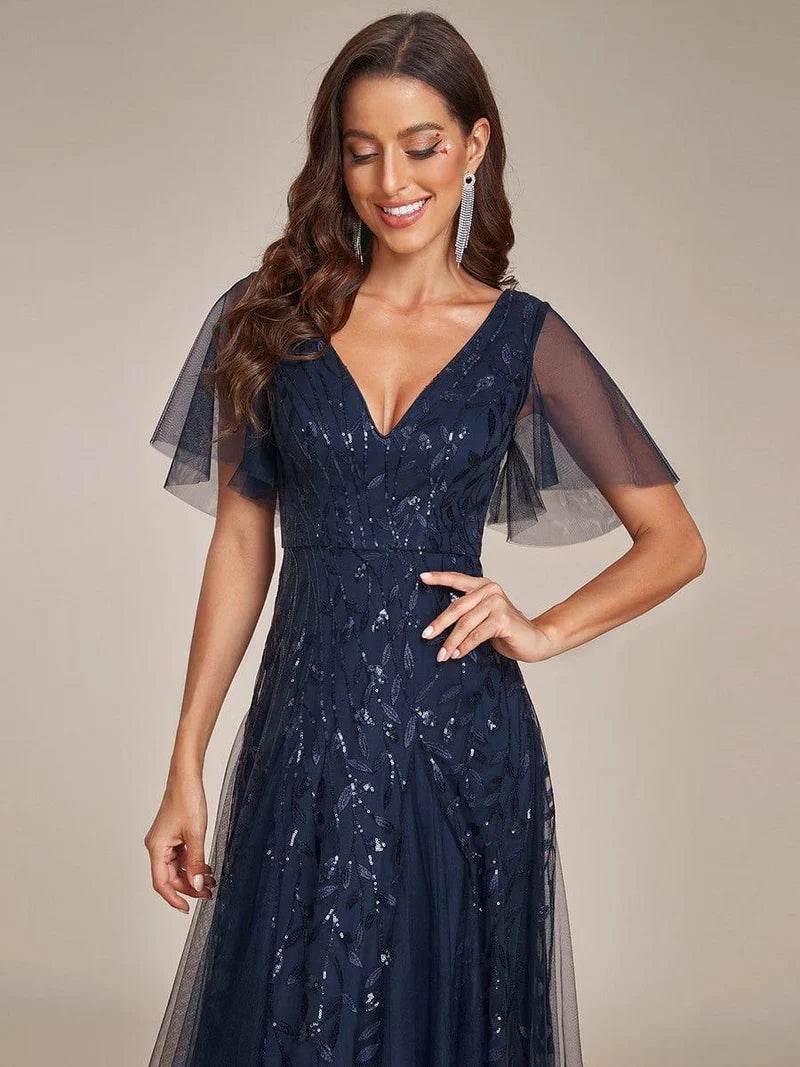 Romantic Shimmery V-Neck Evening Gown with Ruffle Sleeves – Maxi Long Dress - Biamonde