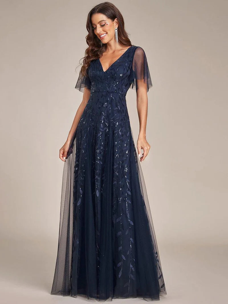 Romantic Shimmery V-Neck Evening Gown with Ruffle Sleeves – Maxi Long Dress