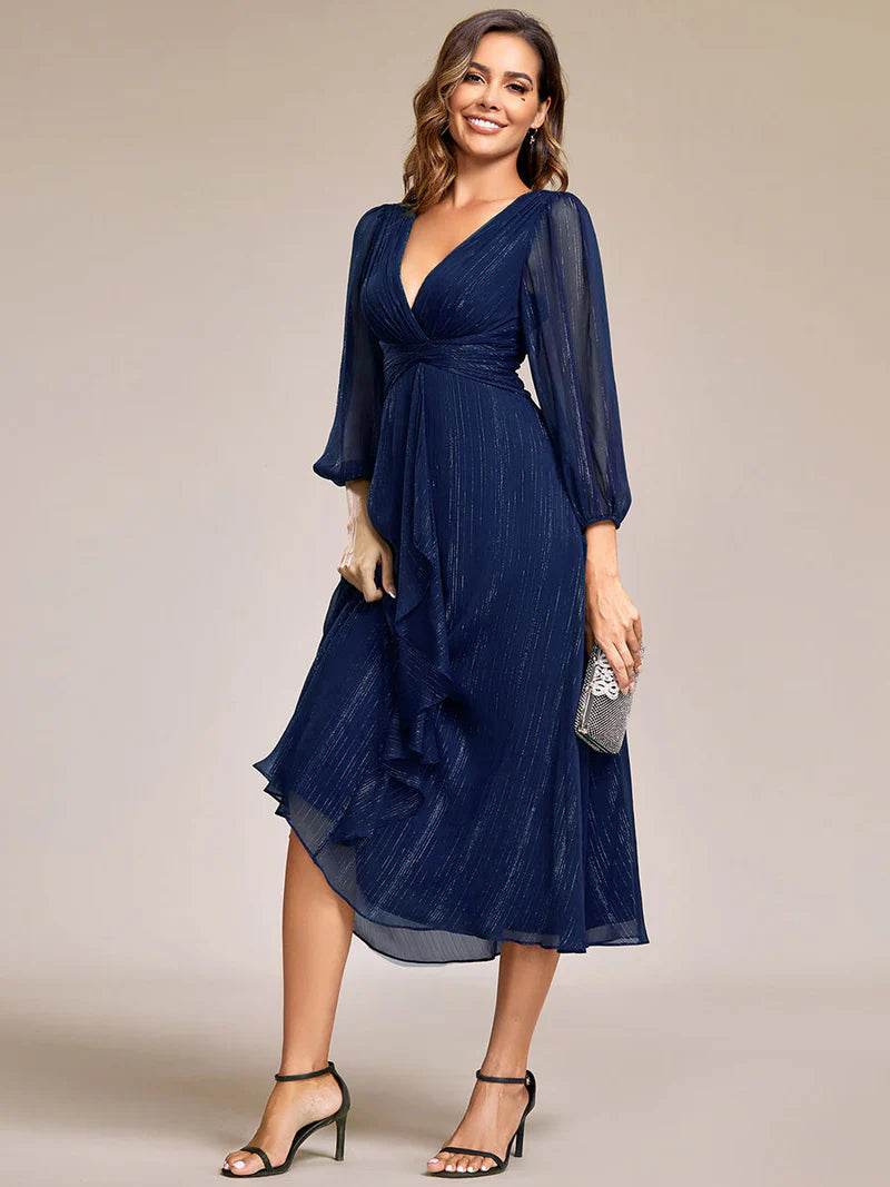 Shiny Chiffon Wedding Guest Dress with Long Sleeves – Elegant & Flowy - Biamonde