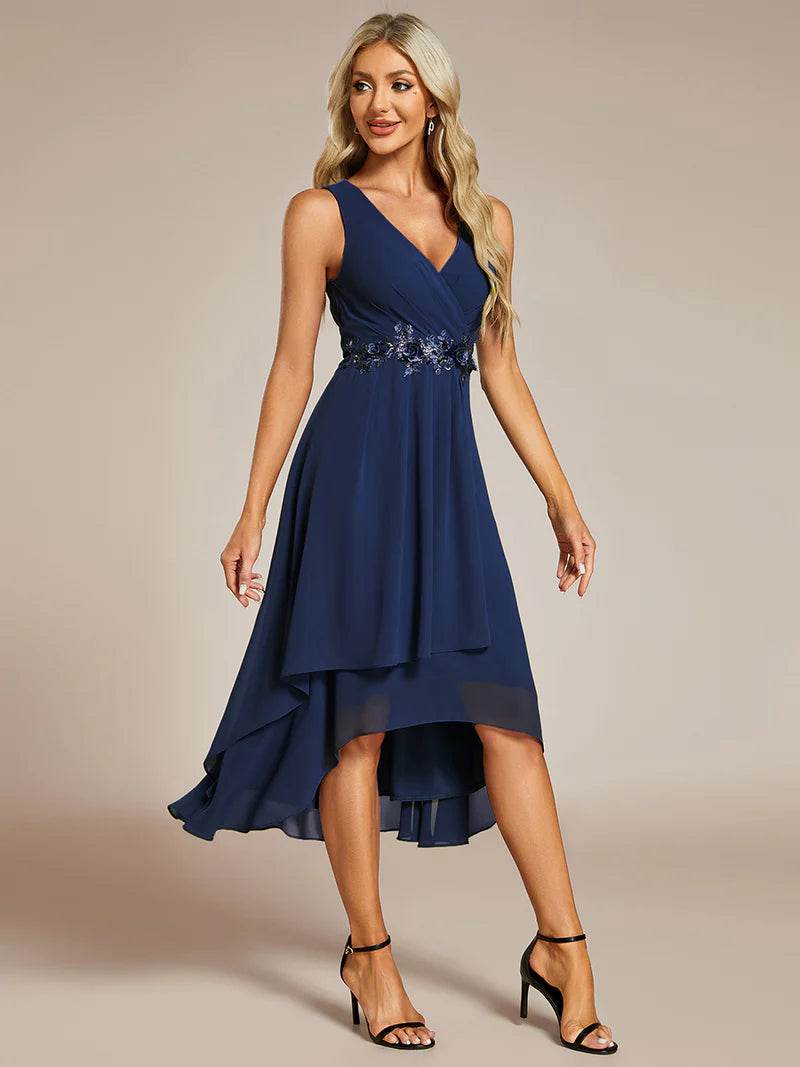Tea-Length Chiffon Wedding Guest Dress – V-Neck with Appliques - Biamonde