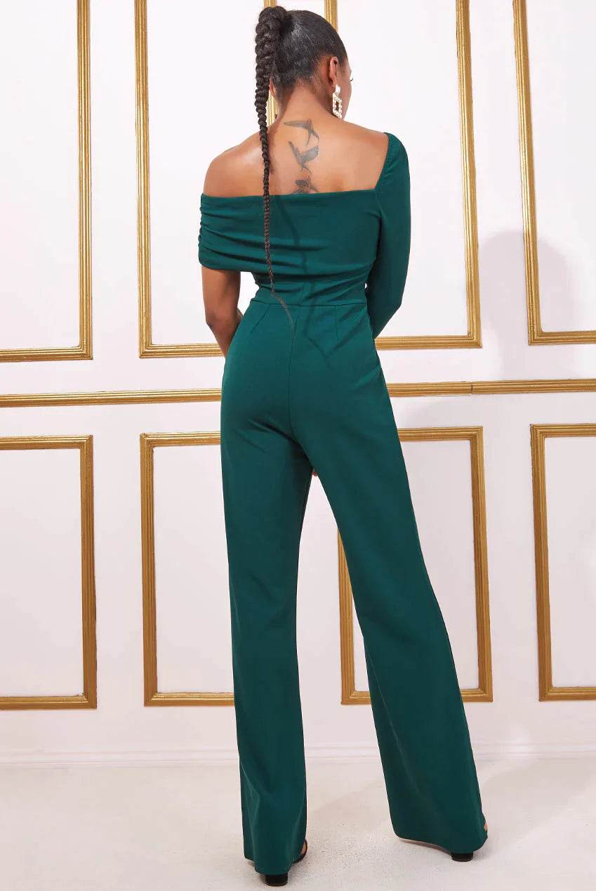 One-Shoulder Emerald Green Scuba Jumpsuit – Sleek & Modern Evening Wear - Biamonde