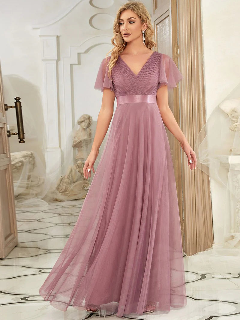 Orhid elegant A-line bridesmaid dress with V-neckline and floor-length silhouette