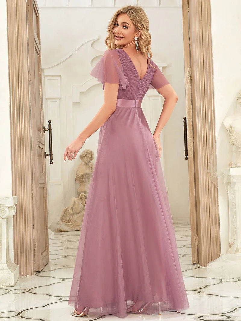 Orhid elegant A-line bridesmaid dress with V-neckline and floor-length silhouette