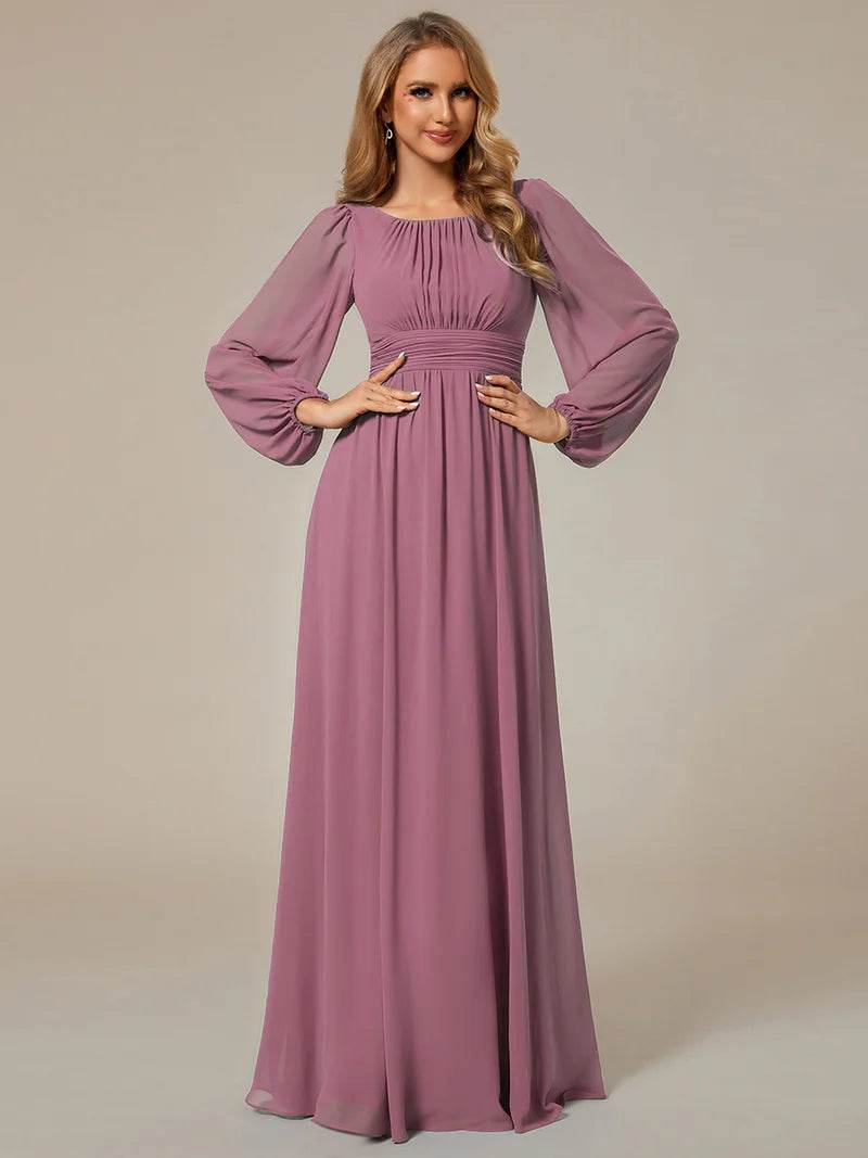 Round Neck Bridesmaid Dress – Long Lantern Sleeves, Elegant Fit - Biamonde