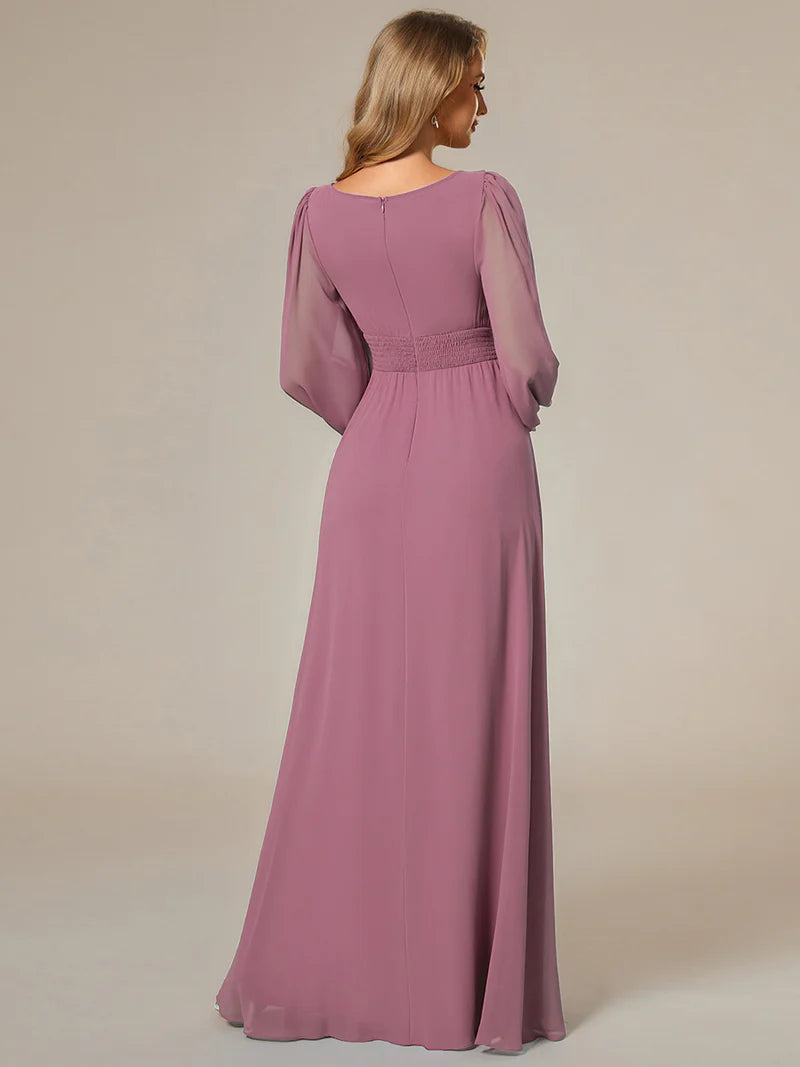 Orchid bridesmaid dress with round neckline and long lantern sleeves