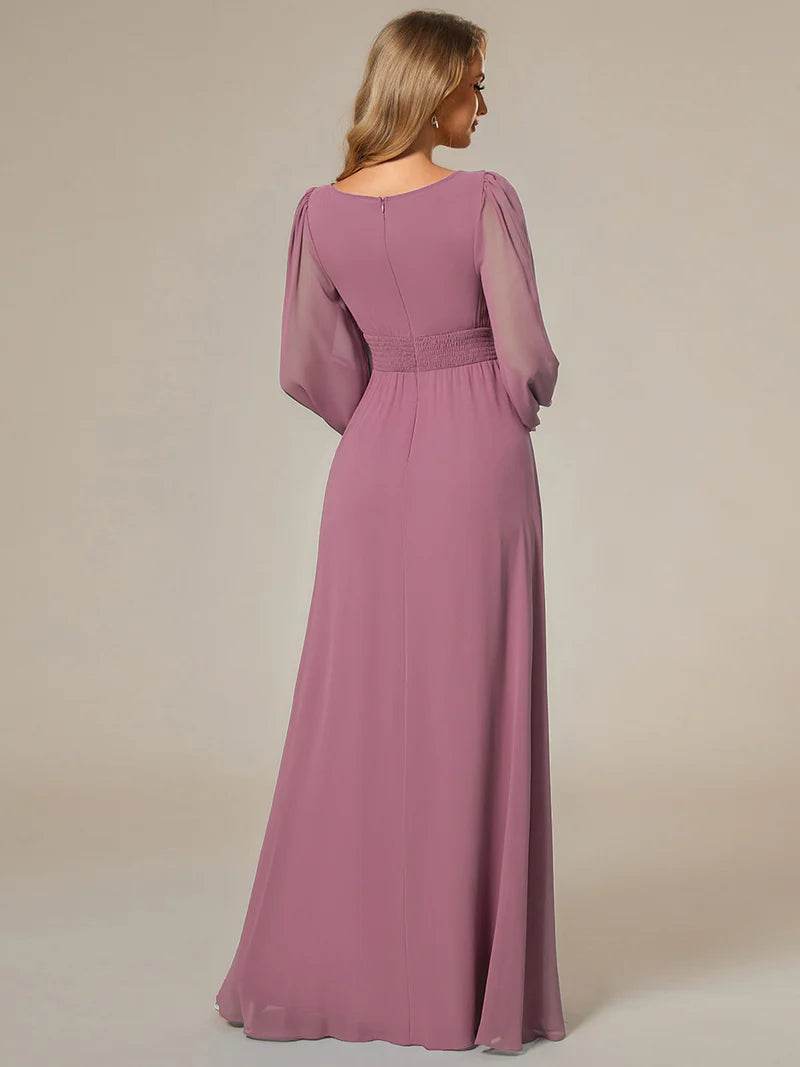 Round Neck Bridesmaid Dress – Long Lantern Sleeves, Elegant Fit - Biamonde