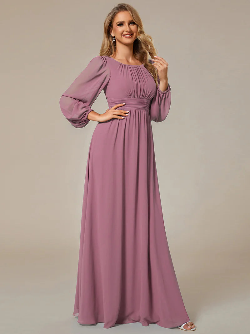 Orchid bridesmaid dress with round neckline and long lantern sleeves