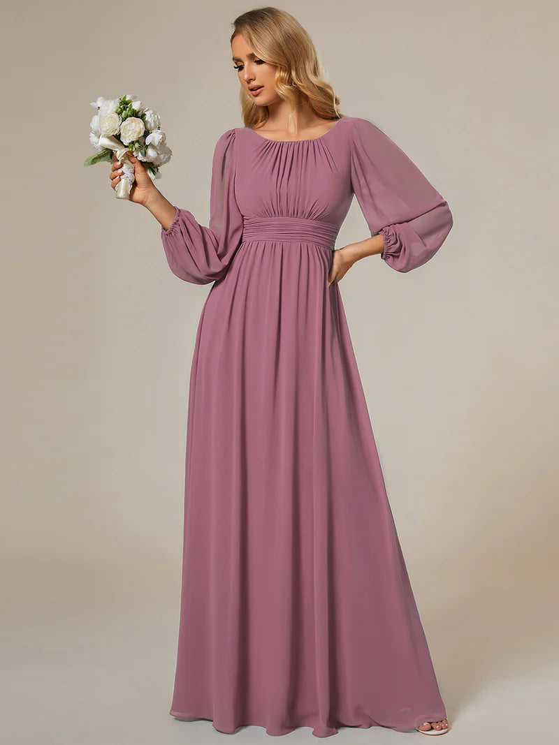 Orchid bridesmaid dress with round neckline and long lantern sleeves