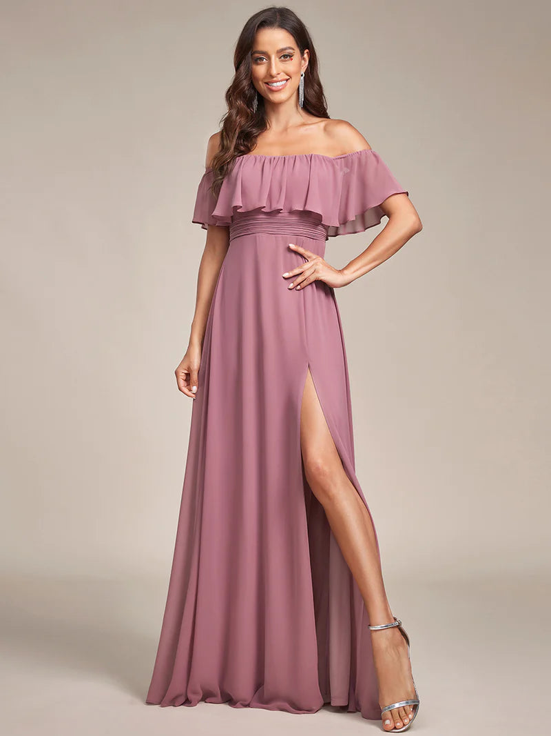 Orchidea bridesmaid dress with ruffle detailing and thigh-high split