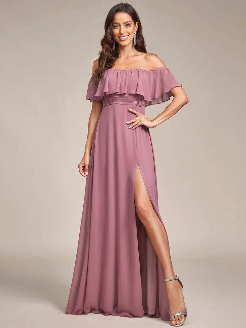 Off-the-Shoulder Bridesmaid Dress – Ruffled with Thigh Split - Biamonde