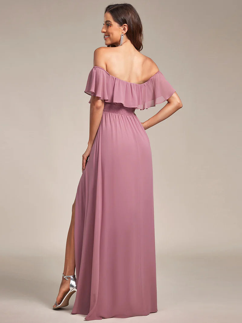 Orchidea bridesmaid dress with ruffle detailing and thigh-high split