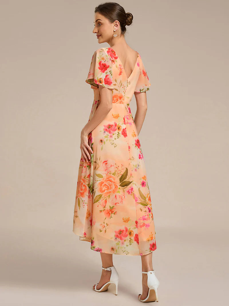 Peach fuzz elegant chiffon wedding guest dress with pleated bodice and ruffle detailing