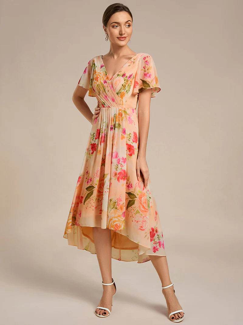 Pleated Ruffle Chiffon Wedding Guest Dress – Elegant Flowy Gown - Biamonde