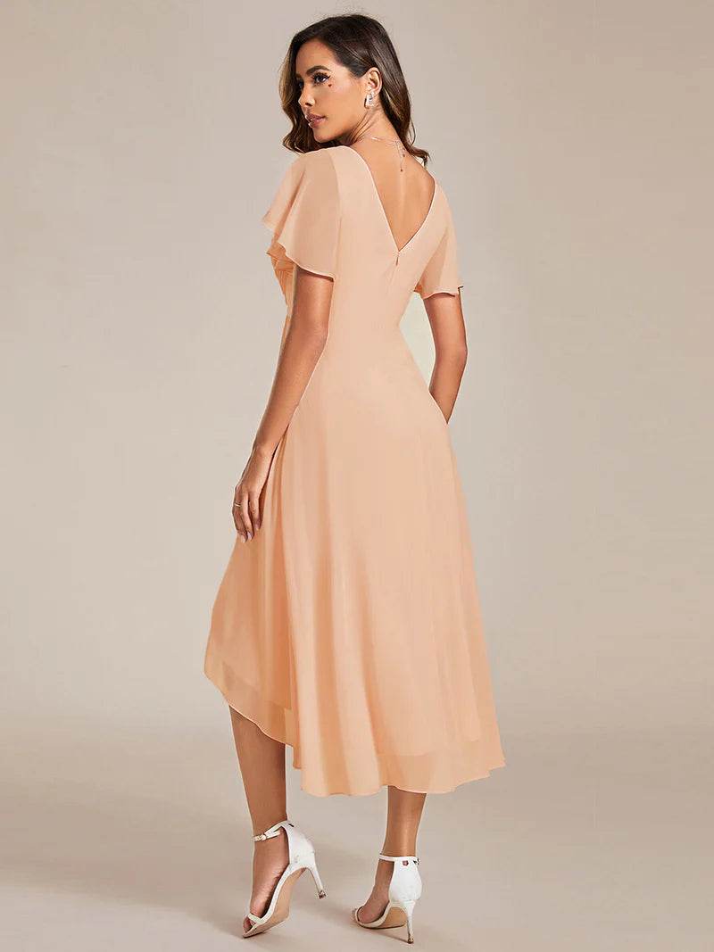 Pleated Ruffle Chiffon Wedding Guest Dress – Elegant Flowy Gown - Biamonde