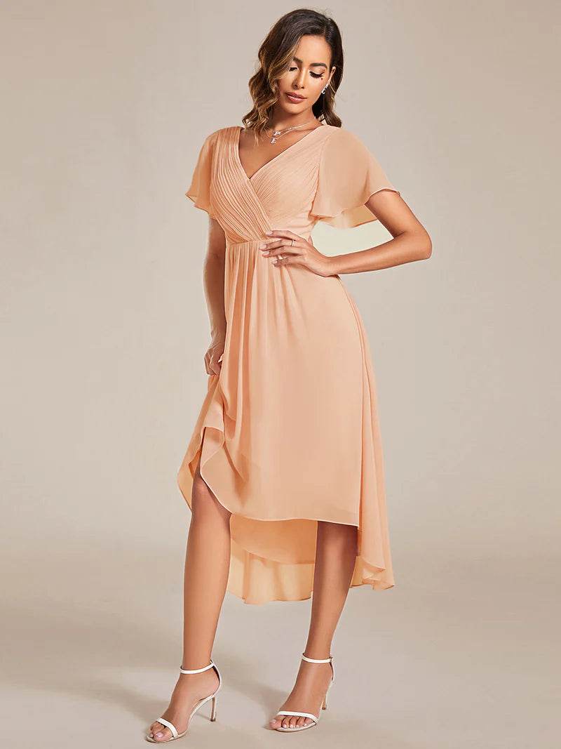 Pleated Ruffle Chiffon Wedding Guest Dress – Elegant Flowy Gown - Biamonde