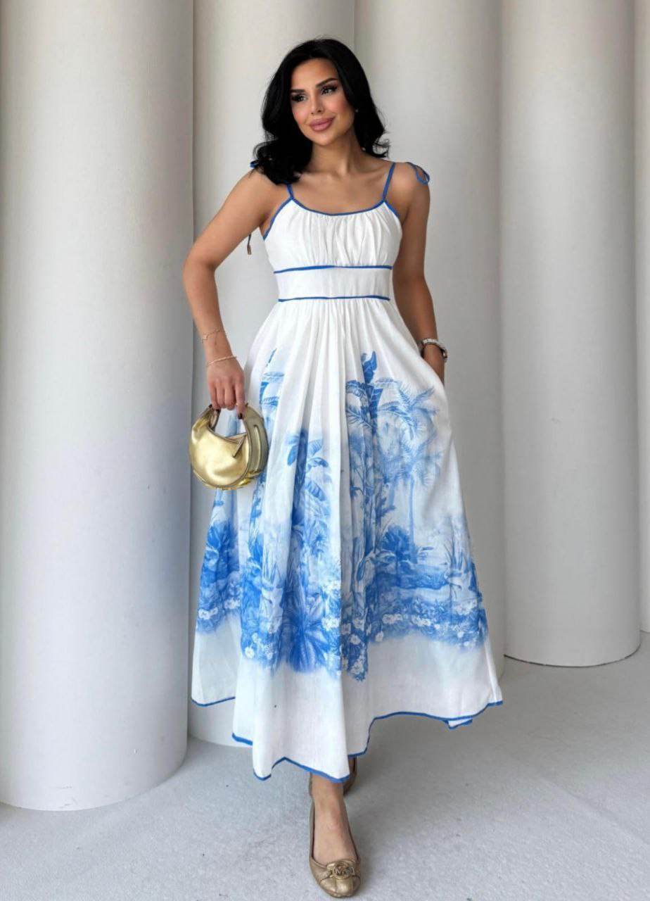 Picnic Blue Palm Print Cotton Midi Dress with Pockets - Biamonde