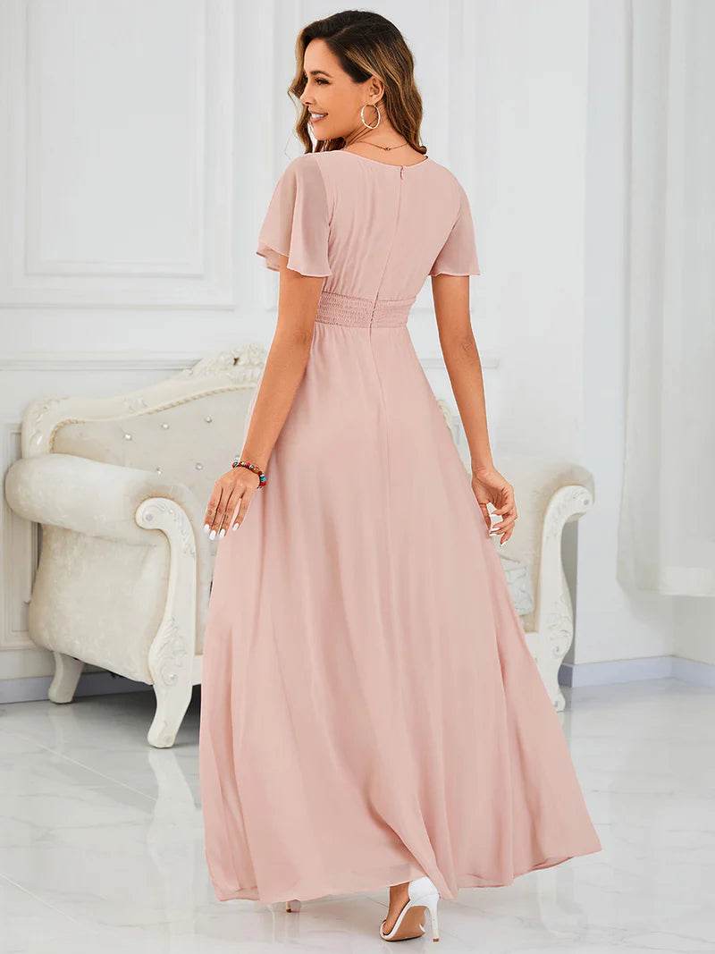 Pleated Bridesmaid Dress – Round Neck Elegant Gown for Weddings - Biamonde