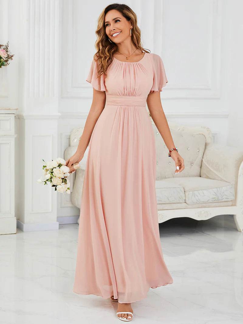 Pleated Bridesmaid Dress – Round Neck Elegant Gown for Weddings - Biamonde