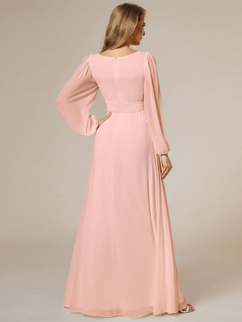 Elegant round neck pinjk bridesmaid dress with long lantern sleeves and full-length skirt