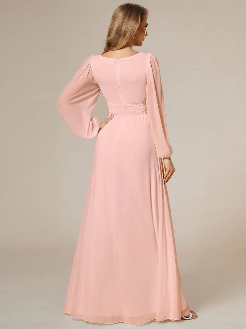 Round Neck Bridesmaid Dress with Long Lantern Sleeves – Maxi Gown - Biamonde