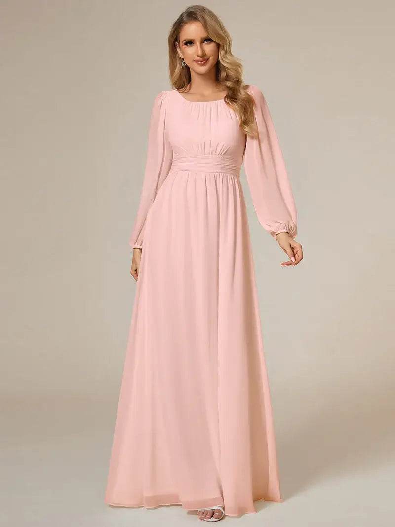 Round Neck Bridesmaid Dress with Long Lantern Sleeves – Maxi Gown - Biamonde