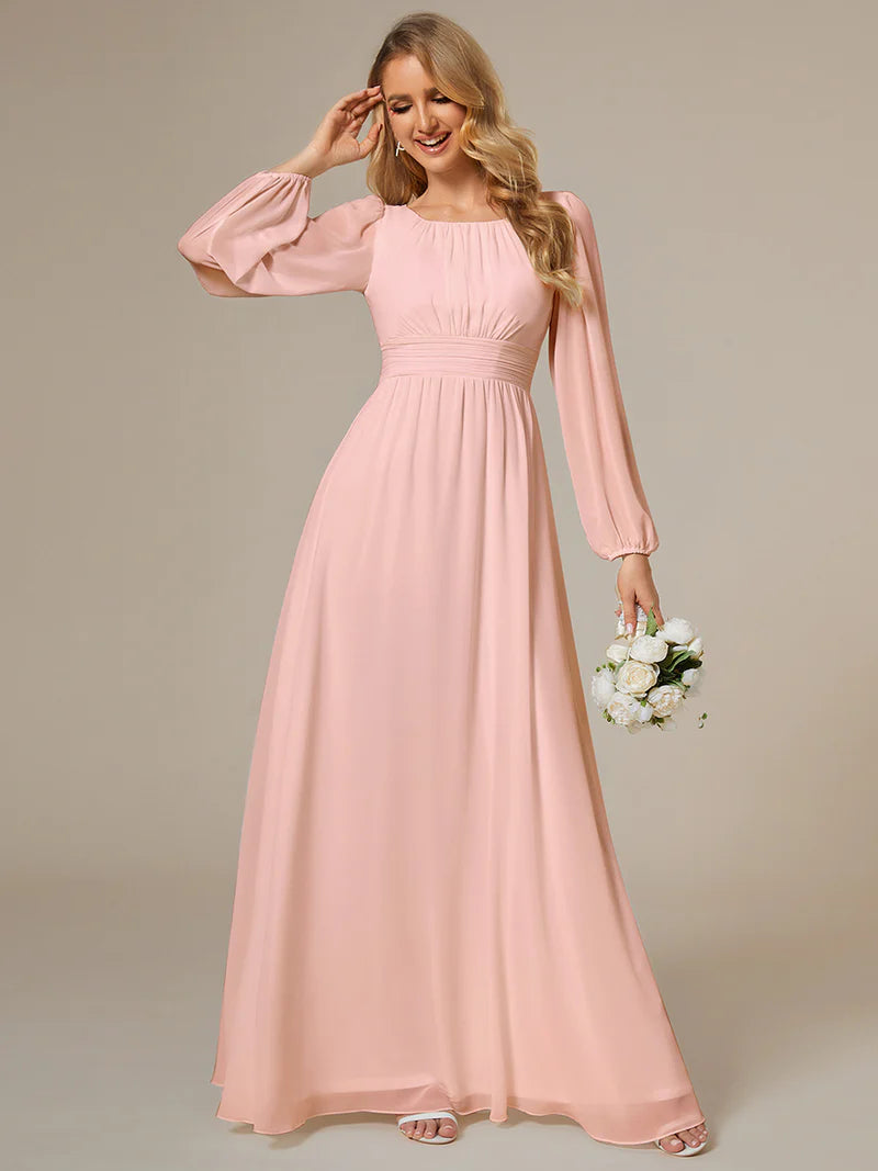Elegant round neck pinjk bridesmaid dress with long lantern sleeves and full-length skirt