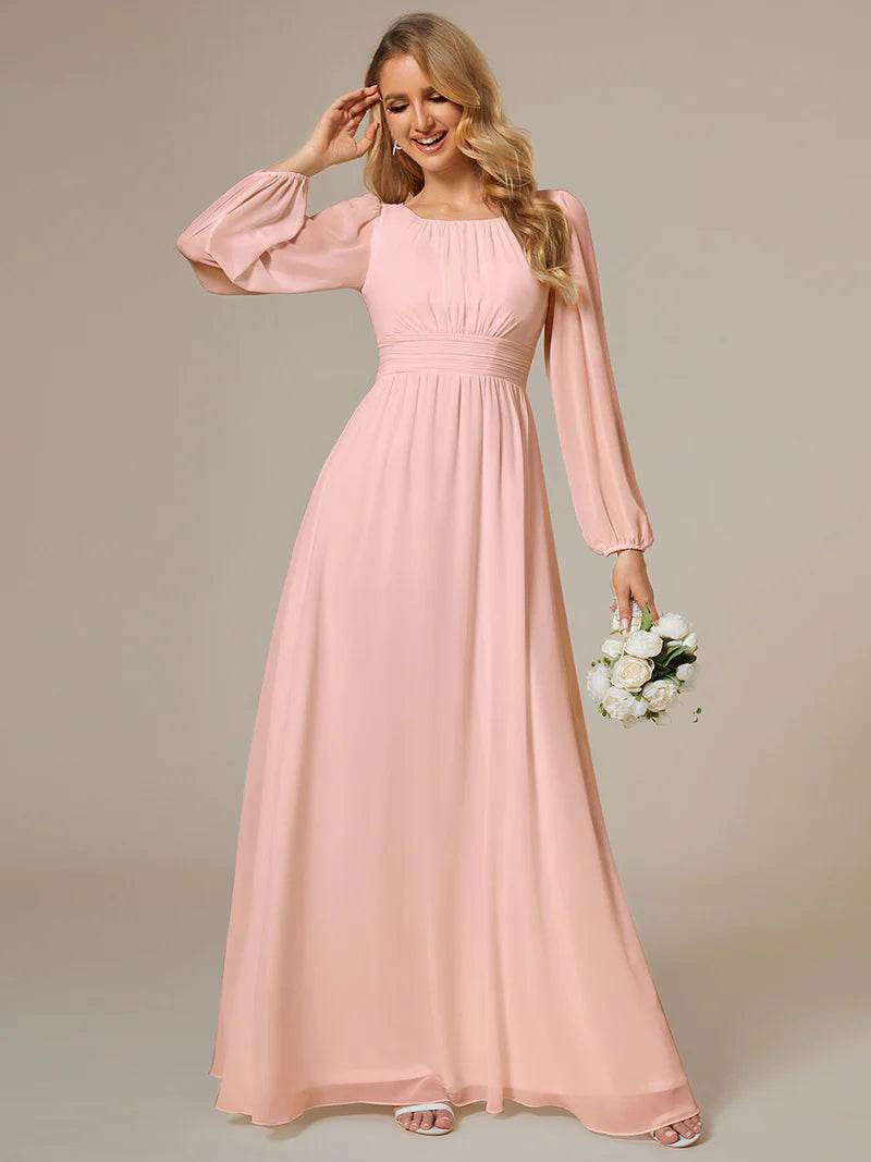 Round Neck Bridesmaid Dress with Long Lantern Sleeves – Maxi Gown - Biamonde