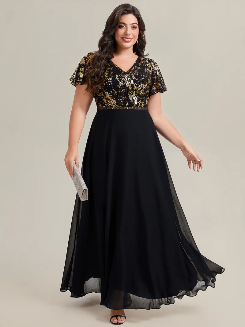 Plus Size Black & Gold V-Neck Sequin Evening Dress